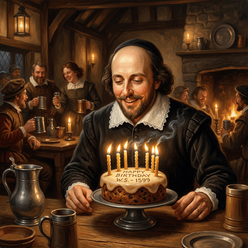 Man in historical clothing smiling at a birthday cake with candles and inscription 'HAPPY BIRTHDAY W.S. - 1599' in a warmly lit tavern.