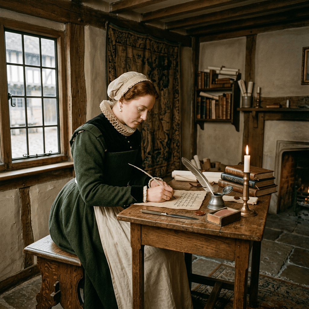 Woman in historical clothing writing a letter with a quill pen at a wooden table