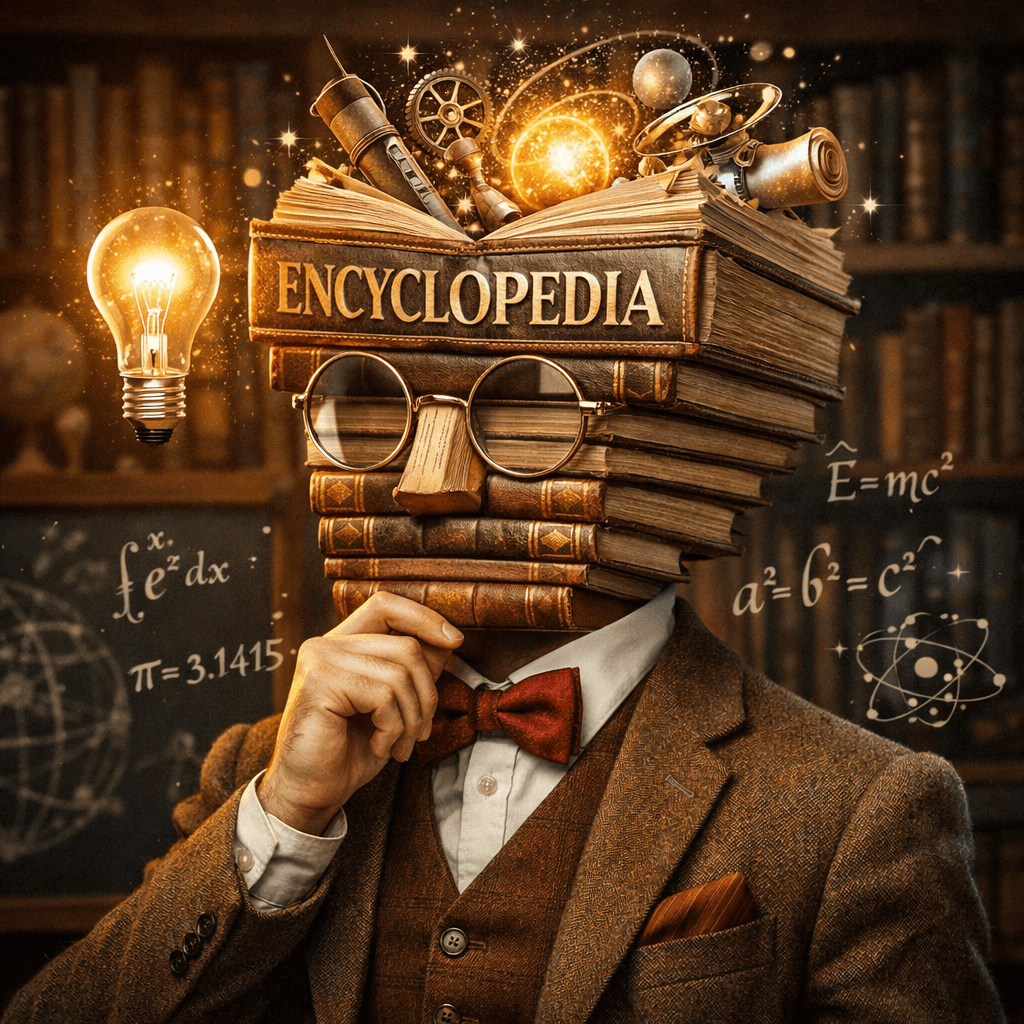 Person in suit with stacked encyclopedia books as head, wearing glasses and surrounded by scientific icons