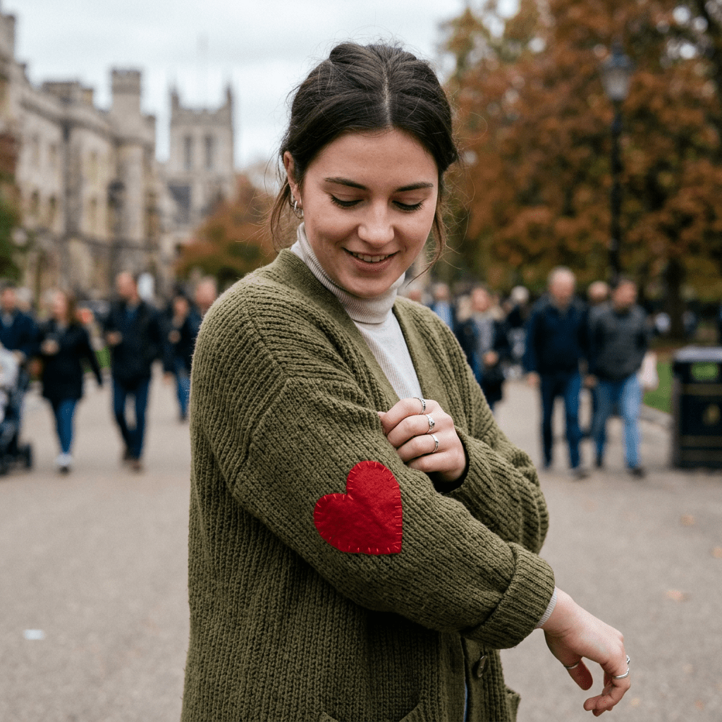 Woman smiling and pointing at red heart patch on olive green knitted sweater sleeve