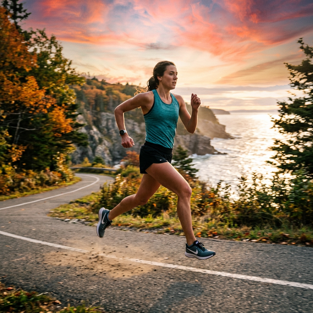 Woman running fast on coastal road with ocean and sunset in background