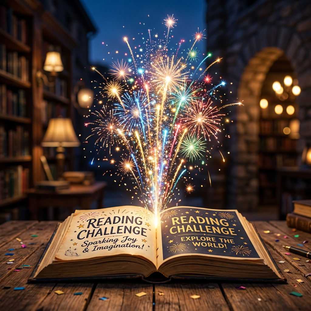 Open book with text 'Reading Challenge Sparking Joy & Imagination!' and 'Reading Challenge Explore The World!' with colorful fireworks emerging from it