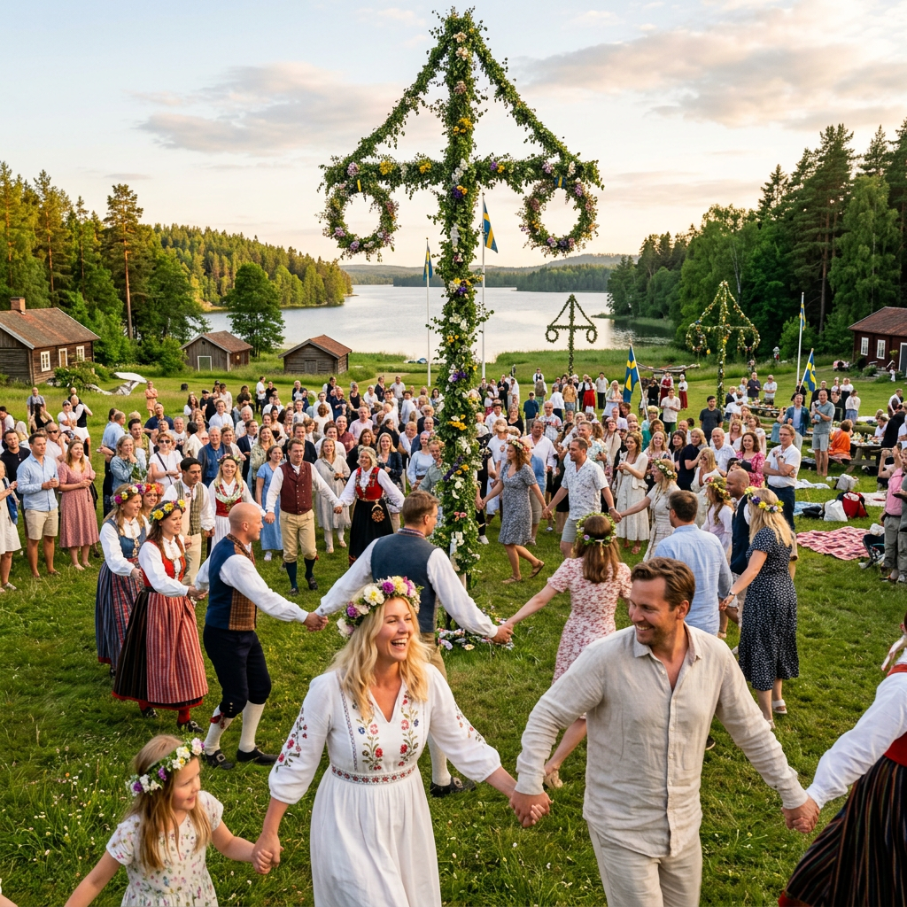 Group of people dancing around a flower-adorned maypole at a lakeside festival in traditional Swedish clothing