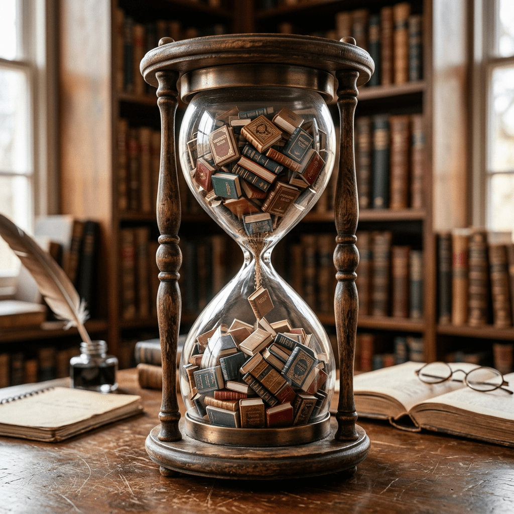 Hourglass filled with miniature books on a library desk