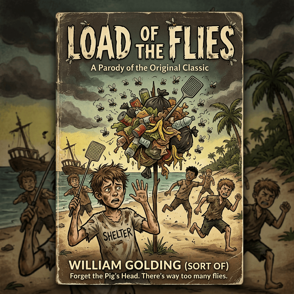 Parody book cover reading “Load of the Flies,” featuring stranded children, flies, and a pile of rubbish.