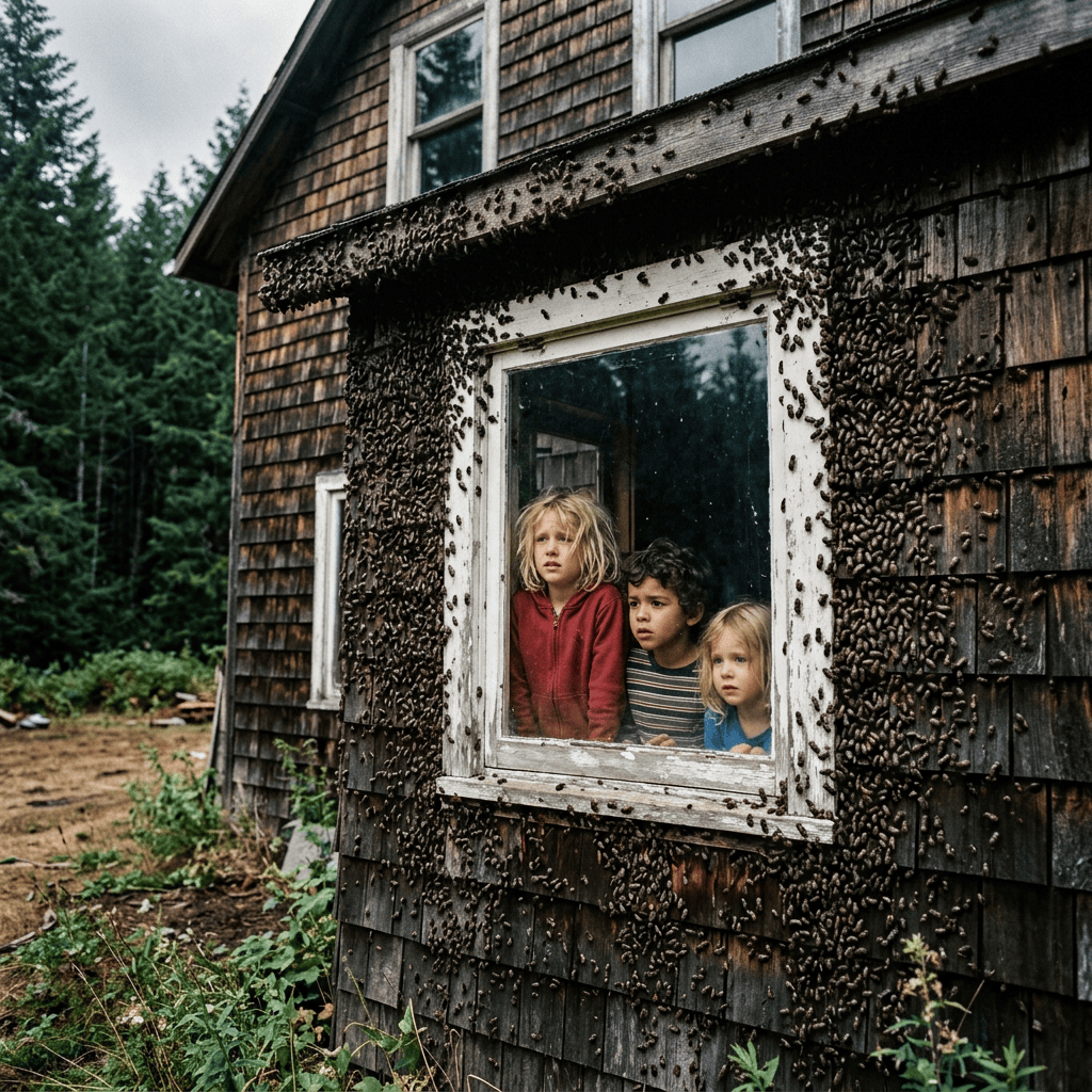 Three children looking through a window surrounded by swarming insects
