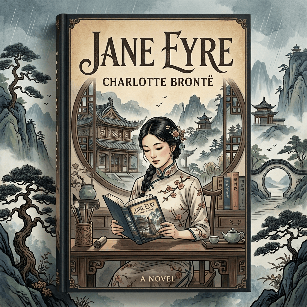 Book cover reading Jane Eyre by Charlotte Brontë, featuring a woman before a Gothic house