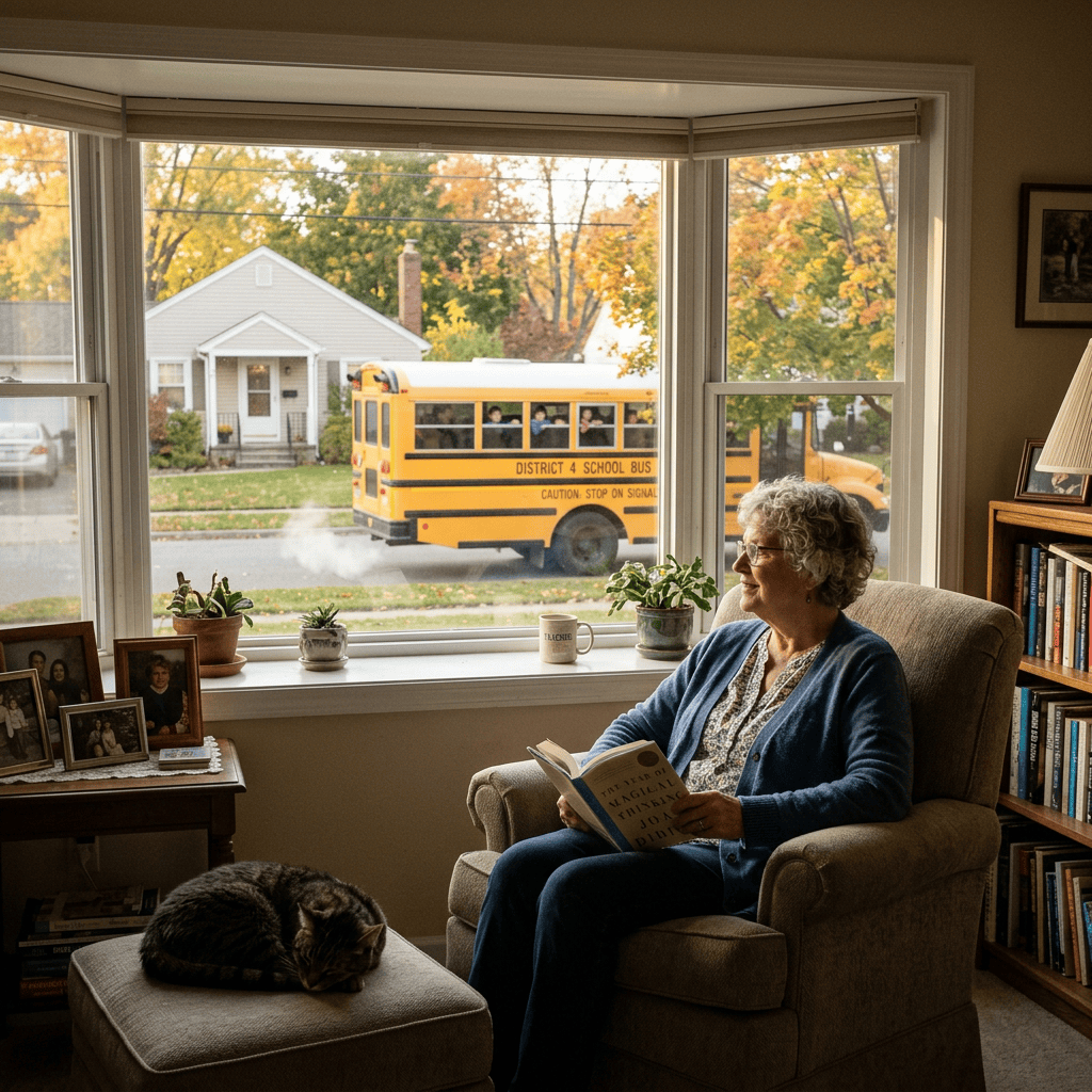 Woman reading beside sleeping cat as school bus passes autumn window